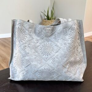 Boho Southwest Large faux leather Laser Cut Grey Tote Bag